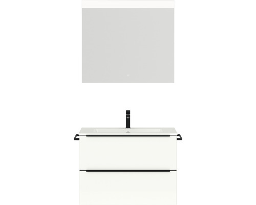 Badmöbel-Set NOBILIA Programm 1 BxHxT 81 x 169,1 x 48,7 cm Frontfarbe weiß hochglanz mit Möbel-Waschtisch weiß und Spiegel mit LED-Beleuchtung Griffleiste schwarz 051