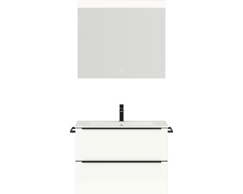 Badmöbel-Set NOBILIA Programm 1 BxHxT 81 x 169,1 x 48,7 cm Frontfarbe weiß hochglanz mit Möbel-Waschtisch weiß und Spiegel mit LED-Beleuchtung Griffleiste schwarz 051 Badezimmermöbel-Set mit Waschtischunterschrank, Aufsatzwaschbecken und Spiegel