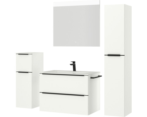 Badezimmergarnitur mit Waschtischunterschrank, Waschtisch, Spiegelschrank und Hochschrank