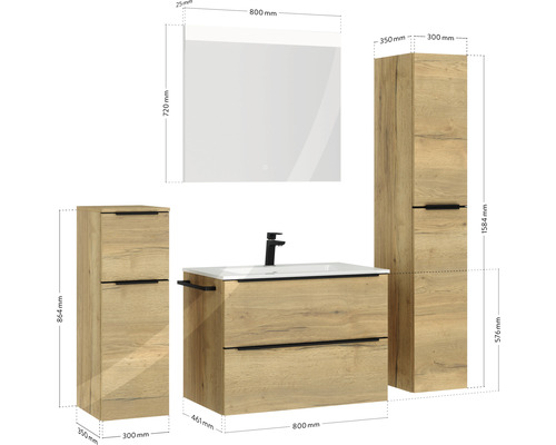 Badezimmermöbelset mit Waschtisch, Spiegel und Hochschränken