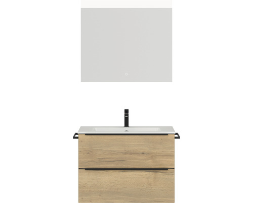 Badmöbel-Set NOBILIA Programm 1 BxHxT 81 x 169,1 x 48,7 cm Frontfarbe eiche natur mit Möbel-Waschtisch weiß und Spiegel mit LED-Beleuchtung Griffleiste schwarz 055 Waschtischunterschrank mit Waschbecken und Spiegel für das Badezimmer