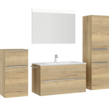 Badezimmerensemble mit Waschtischunterschrank, Waschbecken, Spiegelschrank und Hochschrank