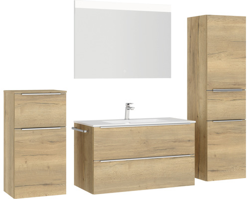 Badezimmerensemble mit Waschtischunterschrank, Waschbecken, Spiegelschrank und Hochschrank