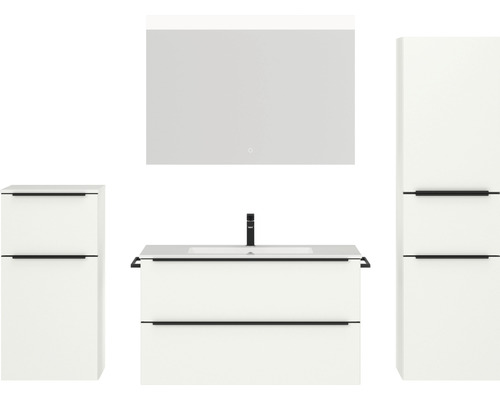 Badmöbel-Set NOBILIA Programm 1 BxHxT 210 x 169,1 x 48,7 cm Frontfarbe weiß matt mit Möbel-Waschtisch weiß und Spiegel mit LED-Beleuchtung Midischrank Unterschrank Griffleiste schwarz 105 Badmöbel-Set NOBILIA Programm 1 BxHxT 210 x 169,1 x 48,7 cm Frontfarbe weiß matt mit Möbel-Waschtisch weiß und Spiegel mit LED-Beleuchtung Midischrank Unterschrank Griffleiste schwarz 105