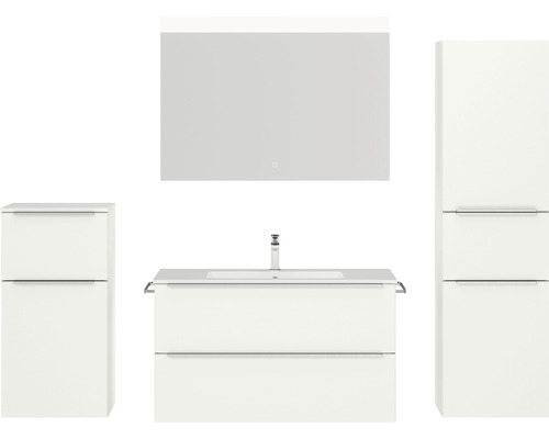 Badmöbel-Set NOBILIA Programm 1 BxHxT 210 x 169,1 x 48,7 cm Frontfarbe weiß matt mit Möbel-Waschtisch weiß und Spiegel mit LED-Beleuchtung Midischrank Unterschrank Griffleiste chrom matt 104 Badmöbel-Set NOBILIA Programm 1 BxHxT 210 x 169,1 x 48,7 cm Frontfarbe weiß matt mit Möbel-Waschtisch weiß und Spiegel mit LED-Beleuchtung Midischrank Unterschrank Griffleiste chrom matt 104