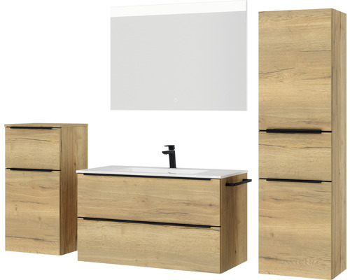 Badezimmermöbelset mit Waschtischunterschrank, Waschbecken, Spiegelschrank und Hochschrank