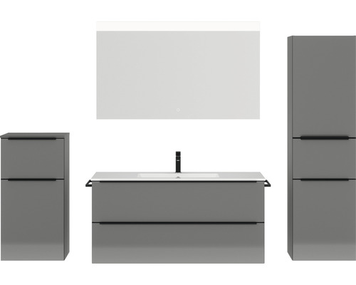Badmöbel-Set NOBILIA Programm 1 BxHxT 230 x 169,1 x 48,7 cm Frontfarbe grau hochglanz mit Möbel-Waschtisch weiß und Spiegel mit LED-Beleuchtung Midischrank Unterschrank Griffleiste schwarz 149 Komplette Badezimmereinrichtung mit Waschtischunterschrank, Waschbecken, Spiegelschrank und Hochschränken