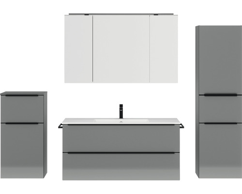 Badmöbel-Set NOBILIA Programm 1 BxHxT 230 x 169,1 x 48,7 cm Frontfarbe grau hochglanz mit Möbel-Waschtisch und Spiegelschrank 3-türig mit LED-Beleuchtung Unterschrank Midischrank Griffleiste schwarz 157 Badezimmermöbel-Set mit Waschtischunterschrank, Waschbecken, Spiegelschrank und Seitenschränken
