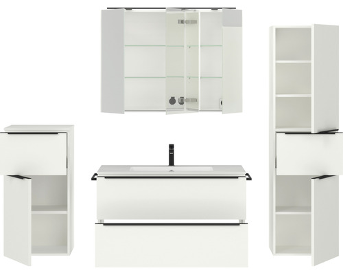 Weißes Badezimmermöbelset mit Waschbeckenunterschrank, Spiegelschrank und Hochschrank