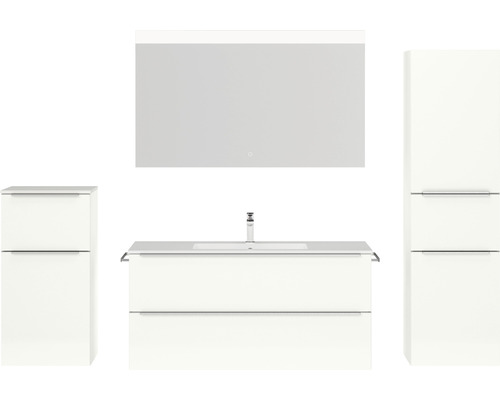 Badmöbel-Set NOBILIA Programm 1 BxHxT 230 x 169,1 x 48,7 cm Frontfarbe weiß hochglanz mit Möbel-Waschtisch weiß und Spiegel mit LED-Beleuchtung Midischrank Unterschrank Griffleiste chrom matt 146