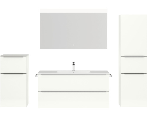 Badmöbel-Set NOBILIA Programm 1 BxHxT 230 x 169,1 x 48,7 cm Frontfarbe weiß hochglanz mit Möbel-Waschtisch weiß und Spiegel mit LED-Beleuchtung Midischrank Unterschrank Griffleiste chrom matt 146 Badezimmerensemble mit Waschtischunterschrank, Waschbecken, Spiegelschrank und Hochschränken
