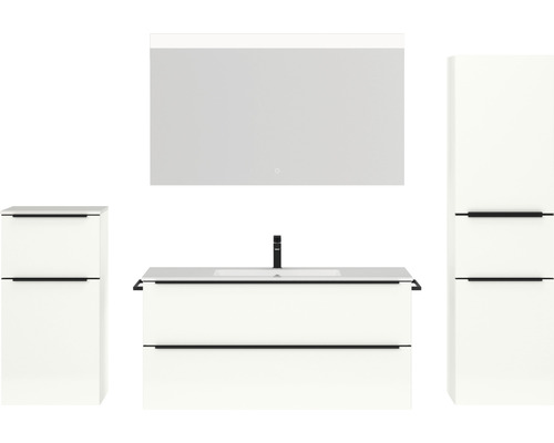 Badmöbel-Set NOBILIA Programm 1 BxHxT 230 x 169,1 x 48,7 cm Frontfarbe weiß hochglanz mit Möbel-Waschtisch weiß und Spiegel mit LED-Beleuchtung Midischrank Unterschrank Griffleiste schwarz 147