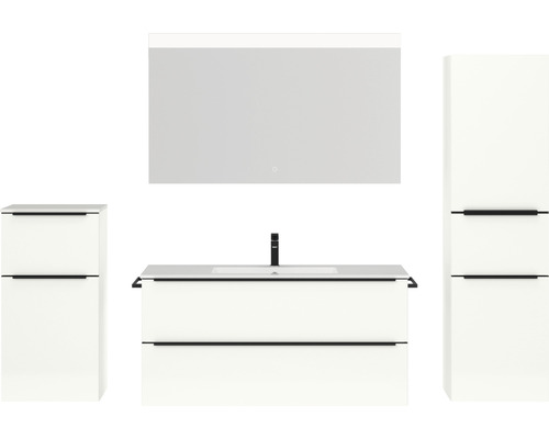 Badmöbel-Set NOBILIA Programm 1 BxHxT 230 x 169,1 x 48,7 cm Frontfarbe weiß hochglanz mit Möbel-Waschtisch weiß und Spiegel mit LED-Beleuchtung Midischrank Unterschrank Griffleiste schwarz 147 Modernes Badezimmerensemble mit Waschtisch, Spiegelschrank und Hochschrank für eine stilvolle Badezimmereinrichtung