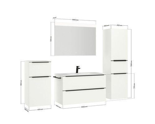 Abmessungen Badezimmermöbel Set mit Waschtischunterschrank, Spiegelschrank und Hochschrank