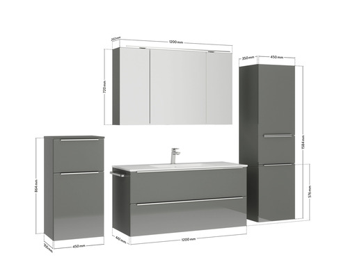 Badezimmermöbelset mit Waschtischunterschrank, Spiegelschrank und Hochschränken mit Maßangaben