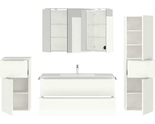 Badezimmermöbelset mit Waschtischunterschrank, Spiegelschrank und Hochschrank