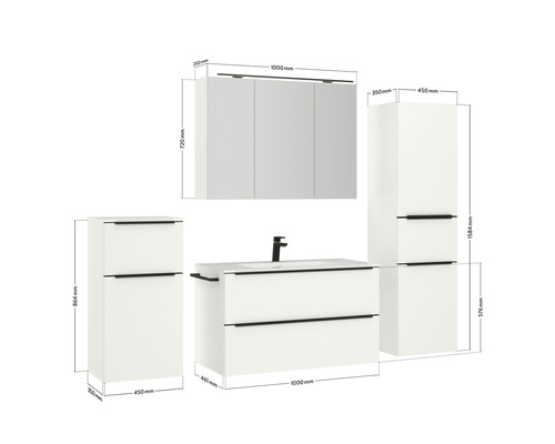 Badezimmermöbelset mit Waschtisch, Spiegelschrank und Hochschrank inklusive Maßangaben