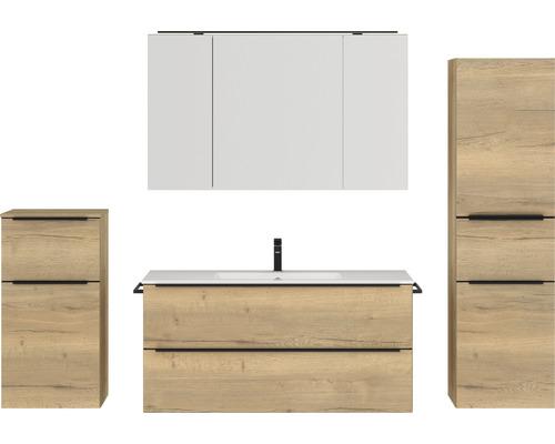 Badmöbel-Set NOBILIA Programm 1 BxHxT 230 x 169,1 x 48,7 cm Frontfarbe eiche natur mit Möbel-Waschtisch und Spiegelschrank 3-türig mit LED-Beleuchtung Unterschrank Midischrank Griffleiste schwarz 159 Badezimmer Set mit Waschtischunterschrank, Waschbecken, Spiegelschrank und zwei Hochschränken