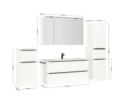 Badezimmermöbelset mit Waschtischunterschrank, Spiegelschrank und Hochschrank mit Maßangaben