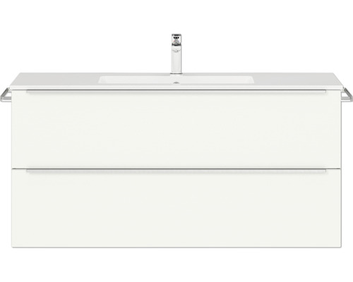 Badmöbel-Set NOBILIA Programm 1 BxHxT 121 x 59,1 x 48,7 cm Frontfarbe weiß matt mit Möbel-Waschtisch Griffleiste chrom matt 120 Waschtischunterschrank mit zwei Schubladen, Waschbecken und Armatur