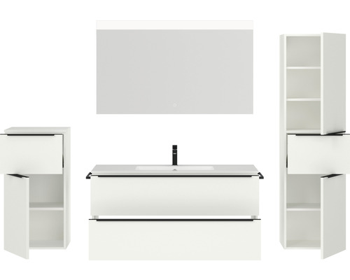 Badezimmerensemble mit Waschtischunterschrank, Spiegelschrank und Hochschränken