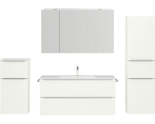 Badmöbel-Set NOBILIA Programm 1 BxHxT 230 x 169,1 x 48,7 cm Frontfarbe weiß matt mit Möbel-Waschtisch und Spiegelschrank 3-türig mit LED-Beleuchtung Unterschrank Midischrank Griffleiste chrom matt 152 Badezimmer Set mit Waschbeckenunterschrank, Waschtisch, Spiegelschrank und Hochschrank