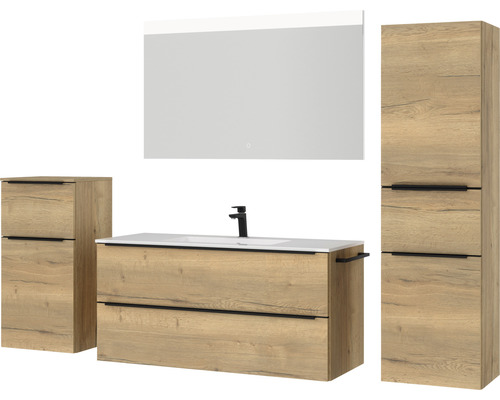 Badezimmergarnitur mit Waschtisch, Spiegelschrank und Hochschrank in Holzoptik