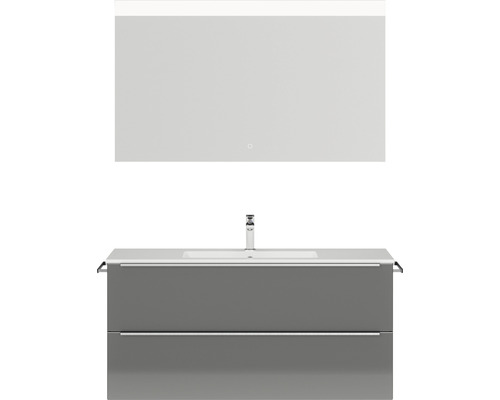 Badmöbel-Set NOBILIA Programm 1 BxHxT 121 x 169,1 x 48,7 cm Frontfarbe grau hochglanz mit Möbel-Waschtisch weiß und Spiegel mit LED-Beleuchtung Griffleiste chrom matt 132
