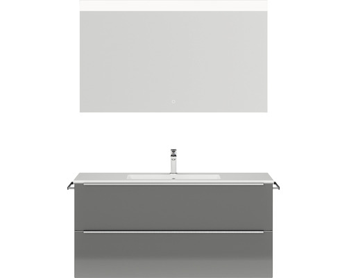 Badmöbel-Set NOBILIA Programm 1 BxHxT 121 x 169,1 x 48,7 cm Frontfarbe grau hochglanz mit Möbel-Waschtisch weiß und Spiegel mit LED-Beleuchtung Griffleiste chrom matt 132 Waschtischkombination mit Spiegel für das Badezimmer