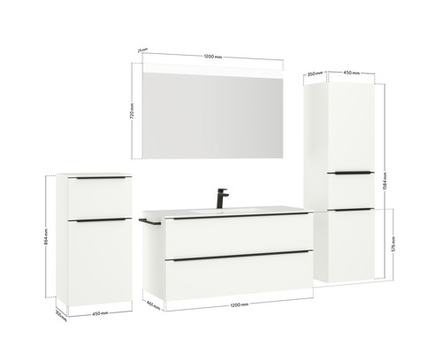 Waschtisch mit Unterschrank, Spiegelschrank und Seitenschränken mit Maßangaben