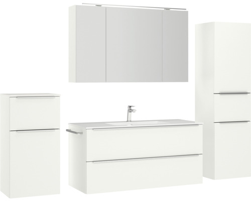 Badezimmerensemble mit Waschtischunterschrank, Waschbecken, Spiegelschrank und Hochschrank