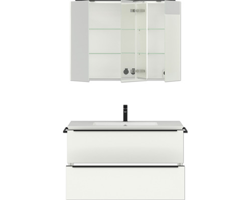 Weißer Waschtischunterschrank mit Spiegel und geöffneten Türen für das Badezimmer