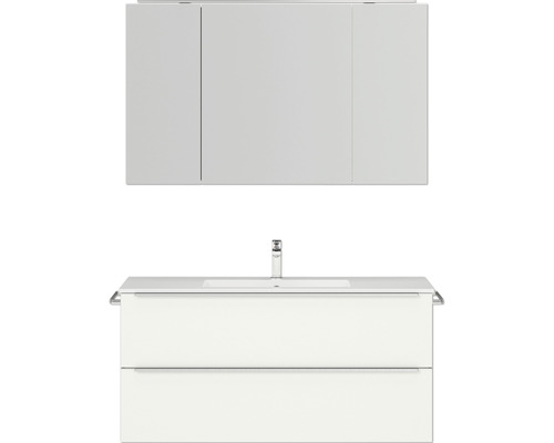 Badmöbel-Set NOBILIA Programm 1 BxHxT 121 x 169,1 x 48,7 cm Frontfarbe weiß matt mit Möbel-Waschtisch und Spiegelschrank 3-türig mit LED-Beleuchtung Griffleiste chrom matt 136 Waschtischkombination mit Spiegelschrank für das Badezimmer