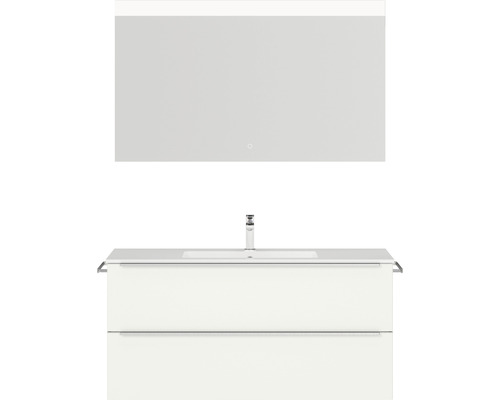 Badmöbel-Set NOBILIA Programm 1 BxHxT 121 x 169,1 x 48,7 cm Frontfarbe weiß matt mit Möbel-Waschtisch weiß und Spiegel mit LED-Beleuchtung Griffleiste chrom matt 128