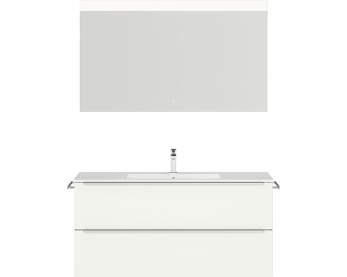 Badmöbel-Set NOBILIA Programm 1 BxHxT 121 x 169,1 x 48,7 cm Frontfarbe weiß matt mit Möbel-Waschtisch weiß und Spiegel mit LED-Beleuchtung Griffleiste chrom matt 128 Waschtischkombination mit Spiegel und zwei Schubladen