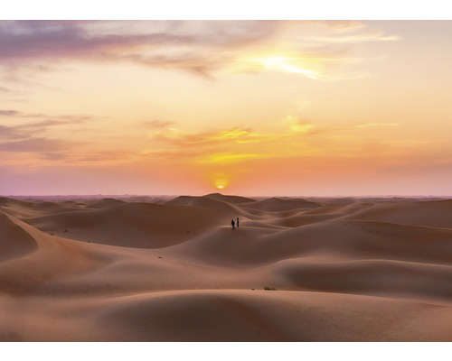 Sonnenuntergang in der Wüste mit Sanddünen und zwei Personen