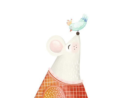 Fototapete Vlies 39187-1 The Wall II Kinder Maus Weiß 3-tlg. 159 x 280 cm Illustration einer Maus mit einem Vogel auf der Nase