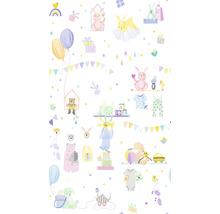 Illustration mit Hasen, Spielzeug und Babykleidung