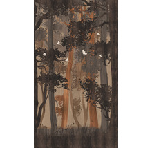 Illustration eines Waldes mit Bäumen und fliegenden Vögeln