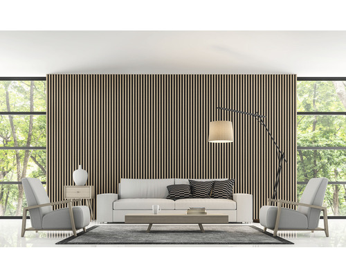 Modernes Wohnzimmer mit Holzpaneelwand, Sofa und Sesseln