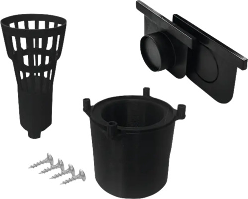 Anschluss-Set mit Stirnwand, Adapter & Laubfangkorb für Kunststoffrinne schwarz DN/OD 75 mm / 110 mm