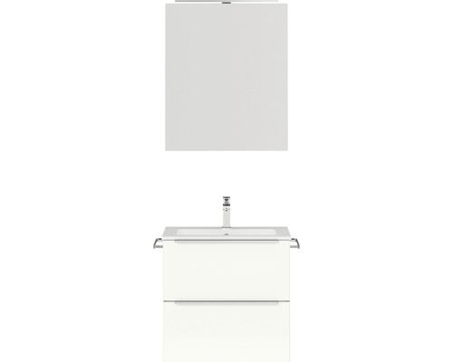 Badmöbel-Set NOBILIA Programm 1 BxHxT 61 x 169,1 x 48,7 cm Frontfarbe weiß hochglanz mit Möbel-Waschtisch und Spiegelschrank 1-türig mit LED-Beleuchtung Griffleiste chrom matt 019 Badezimmermöbelset mit Waschbecken, Unterschrank mit zwei Schubladen und Spiegel