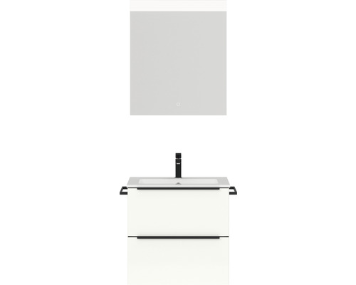Badmöbel-Set NOBILIA Programm 1 BxHxT 61 x 169,1 x 48,7 cm Frontfarbe weiß hochglanz mit Möbel-Waschtisch weiß und Spiegel mit LED-Beleuchtung Griffleiste schwarz 012
