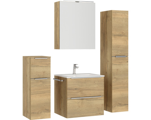 Badezimmermöbelset mit Waschtisch, Waschbecken, Spiegelschrank und Hochschränken