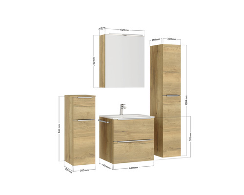 Badmöbelset mit Waschtischunterschrank, Waschbecken, Spiegelschrank und Hochschrank mit Maßangaben