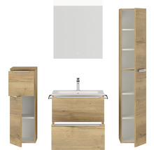 Badmöbel-Set NOBILIA Programm 1 BxHxT 140 x 169,1 x 48,7 cm Frontfarbe eiche natur mit Möbel-Waschtisch weiß und Spiegel mit LED-Beleuchtung Midischrank Unterschrank Griffleiste chrom matt 031