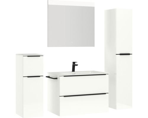 Modernes Badezimmer-Set mit Waschtisch, Spiegelschrank und Hochschränken.