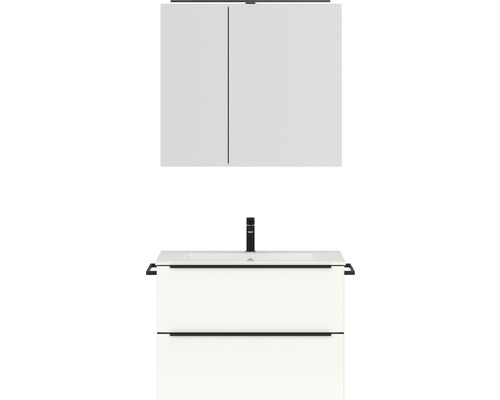 Badmöbel-Set NOBILIA Programm 1 BxHxT 81 x 169,1 x 48,7 cm Frontfarbe weiß hochglanz mit Möbel-Waschtisch und Spiegelschrank 2-türig mit LED-Beleuchtung Griffleiste schwarz 059 Badezimmermöbelset mit Waschtischunterschrank, Waschbecken und Spiegelschrank