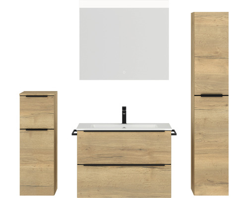 Badmöbel-Set NOBILIA Programm 1 BxHxT 160 x 169,1 x 48,7 cm Frontfarbe eiche natur mit Möbel-Waschtisch weiß und Spiegel mit LED-Beleuchtung Midischrank Unterschrank Griffleiste schwarz 071 Komplettes Badezimmerset mit Waschtischunterschrank, Waschbecken, Spiegelschrank und zwei Hochschränken