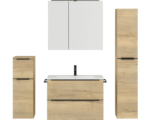 Badmöbel-Set NOBILIA Programm 1 BxHxT 160 x 169,1 x 48,7 cm Frontfarbe eiche natur mit Möbel-Waschtisch und Spiegelschrank 2-türig mit LED-Beleuchtung Unterschrank Midischrank Griffleiste schwarz 079 Badezimmerensemble mit Waschtisch, Waschbeckenunterschrank, Spiegelschrank und Hochschränken